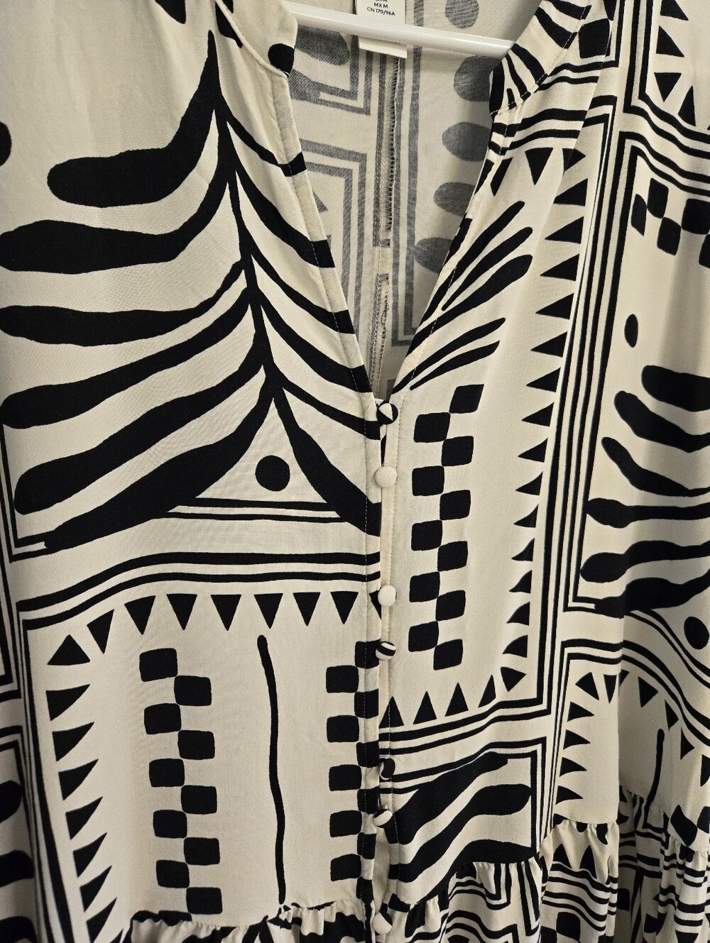H&M Crinkled Tunic Mini Summer Dress Cream And Black Greek Resort Boho Pattern - Picture 4 of 8